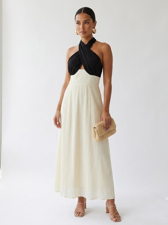 Mika Dresses & Skirts - MIKA & GALA Paris Afternoon Halter Maxi Dress Cream Contrast Formal Size L
